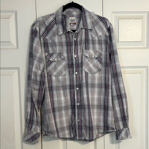 Signature by Levi Strauss Men's Gray White Purple Black Plaid Shirt Pearl Snap